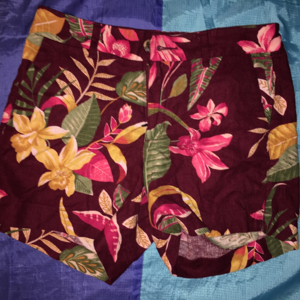 Tropical Floral Print Shorts in Burgundy with Pink & Yellow Flowers